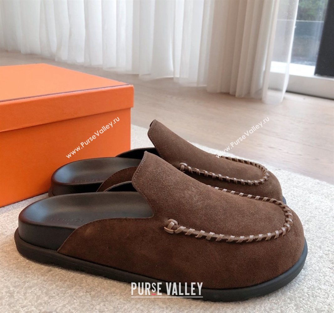 Hermes Johan Flat Mules in Suede Dark Brown 2025 0418 (XC-250418120)