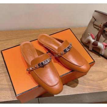 Hermes Oz Flat Mules in Calfskin with Kelly Buckle and Studs Brown 2025 0421 (XC-250421009)