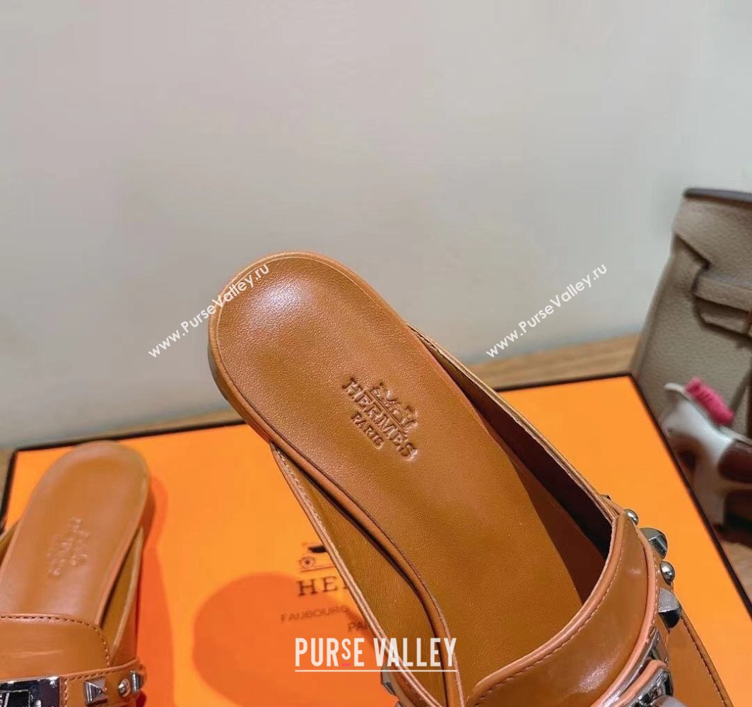Hermes Oz Flat Mules in Calfskin with Kelly Buckle and Studs Brown 2025 0421 (XC-250421009)