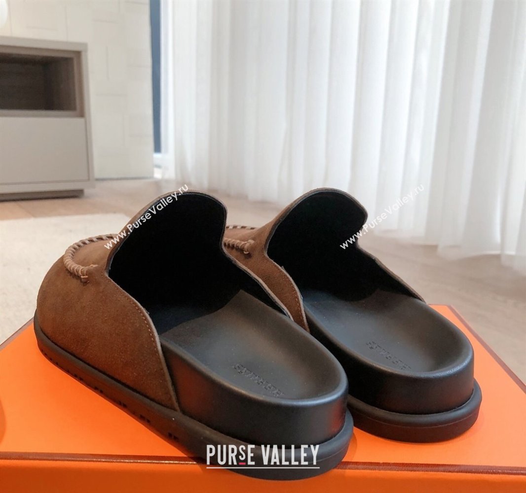 Hermes Johan Flat Mules in Suede Dark Brown 2025 0418 (XC-250418120)