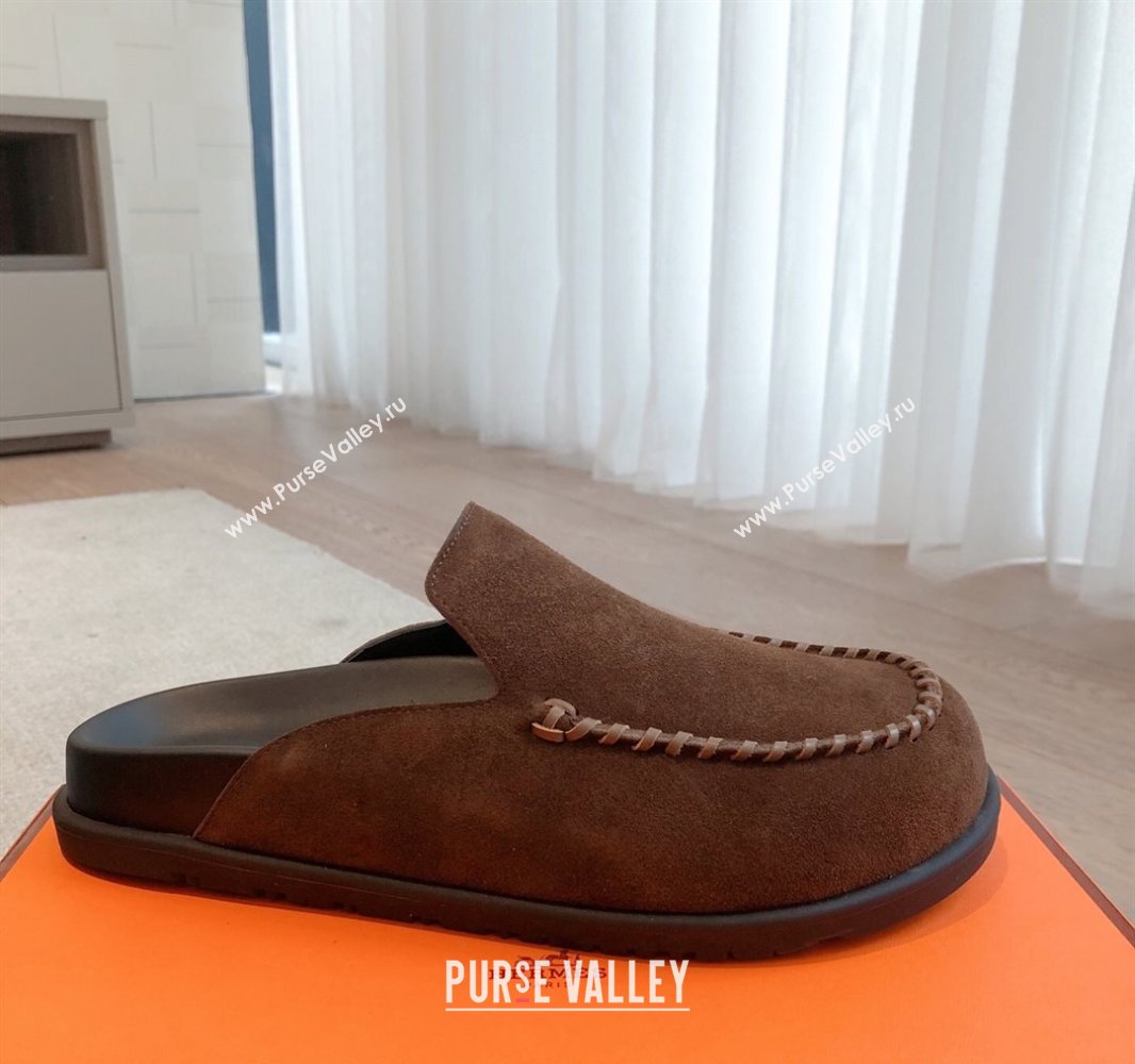 Hermes Johan Flat Mules in Suede Dark Brown 2025 0418 (XC-250418120)