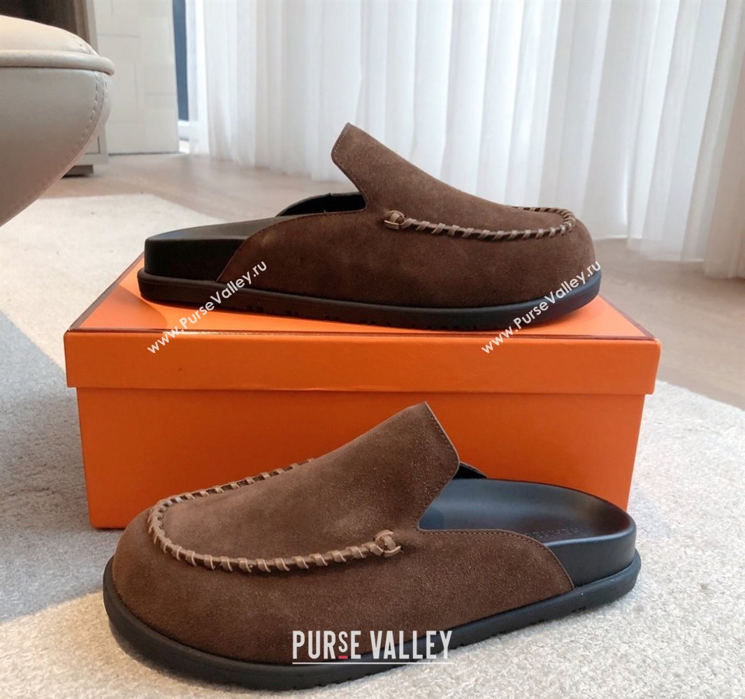 Hermes Johan Flat Mules in Suede Dark Brown 2025 0418 (XC-250418120)