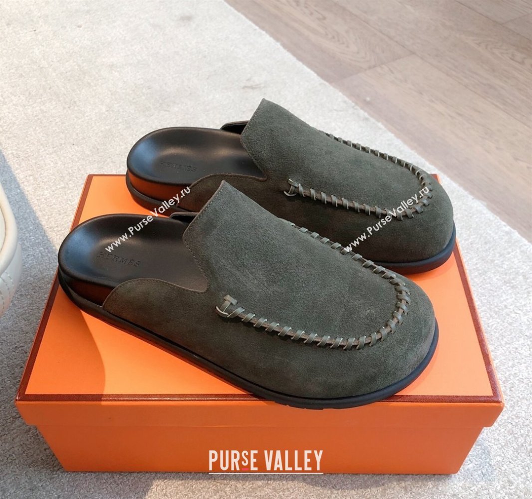 Hermes Johan Flat Mules in Suede Green 2025 0418 (XC-250418121)