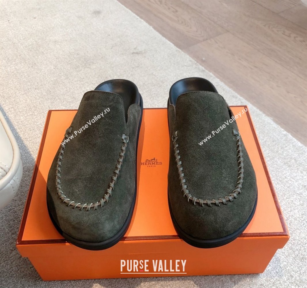 Hermes Johan Flat Mules in Suede Green 2025 0418 (XC-250418121)