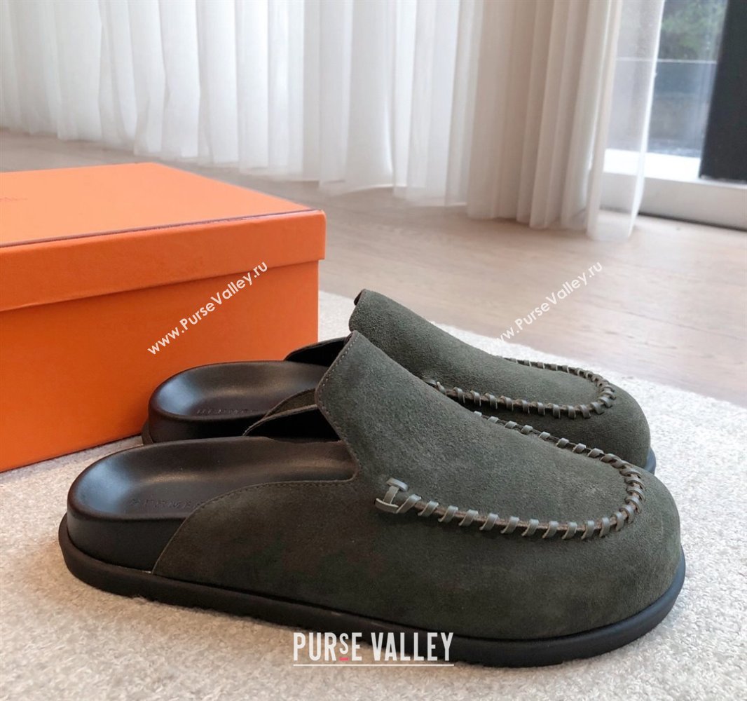 Hermes Johan Flat Mules in Suede Green 2025 0418 (XC-250418121)