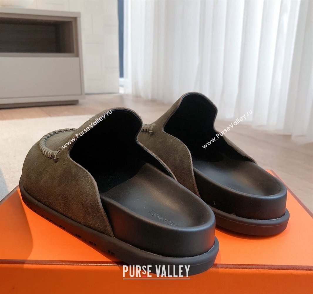 Hermes Johan Flat Mules in Suede Green 2025 0418 (XC-250418121)