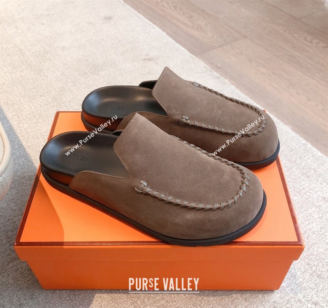 Hermes Johan Flat Mules in Suede Taupe 2025 0418 (XC-250418122)