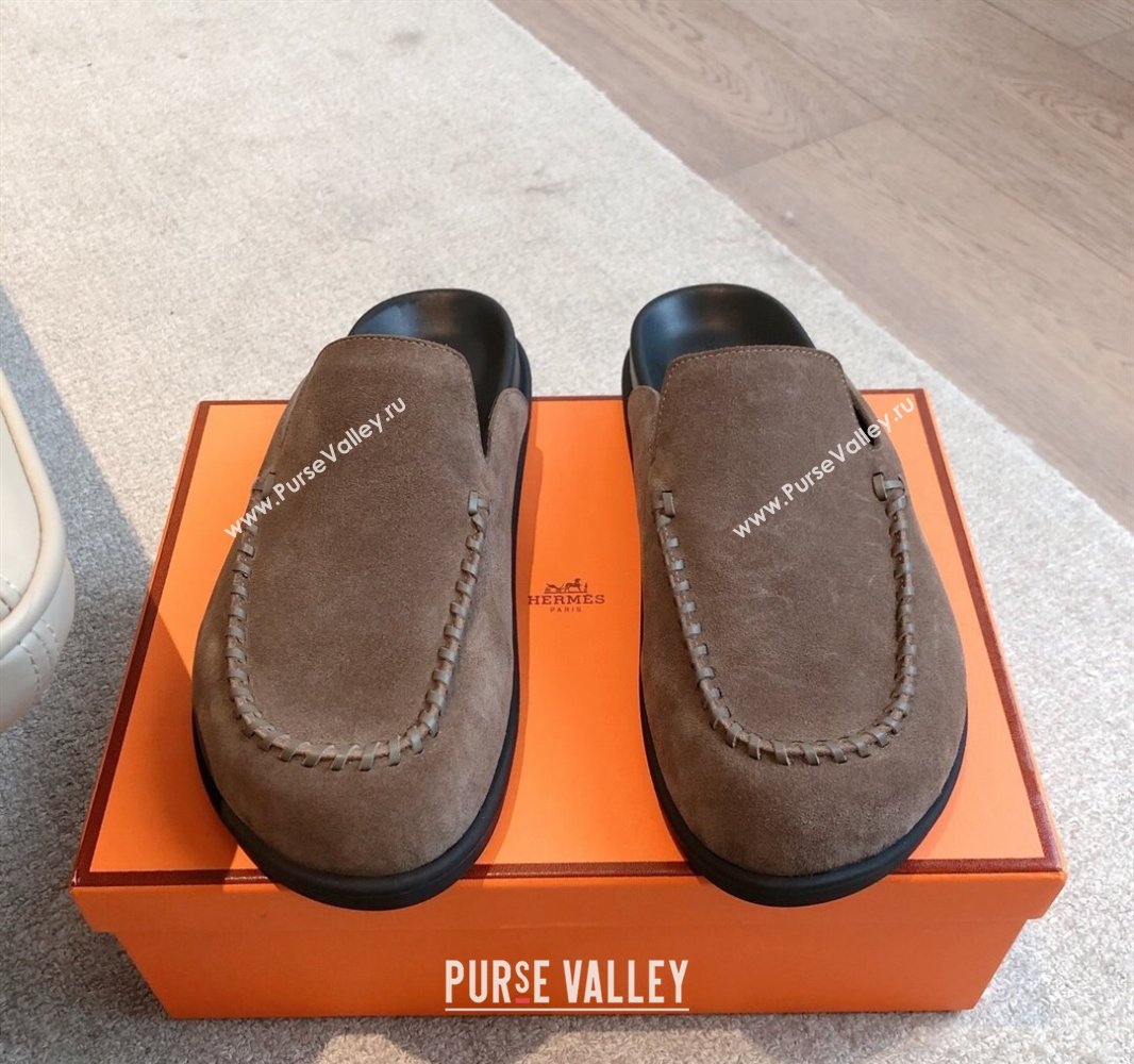 Hermes Johan Flat Mules in Suede Taupe 2025 0418 (XC-250418122)