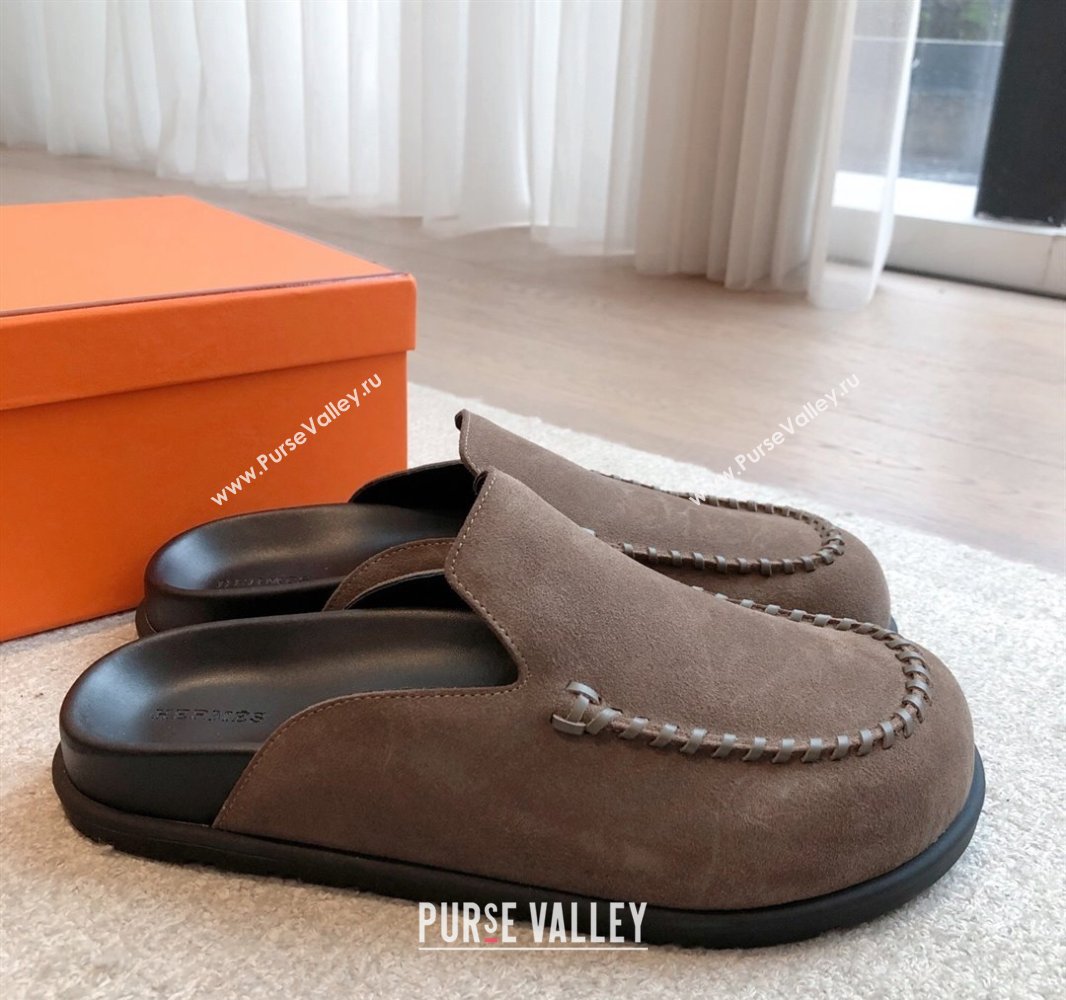Hermes Johan Flat Mules in Suede Taupe 2025 0418 (XC-250418122)
