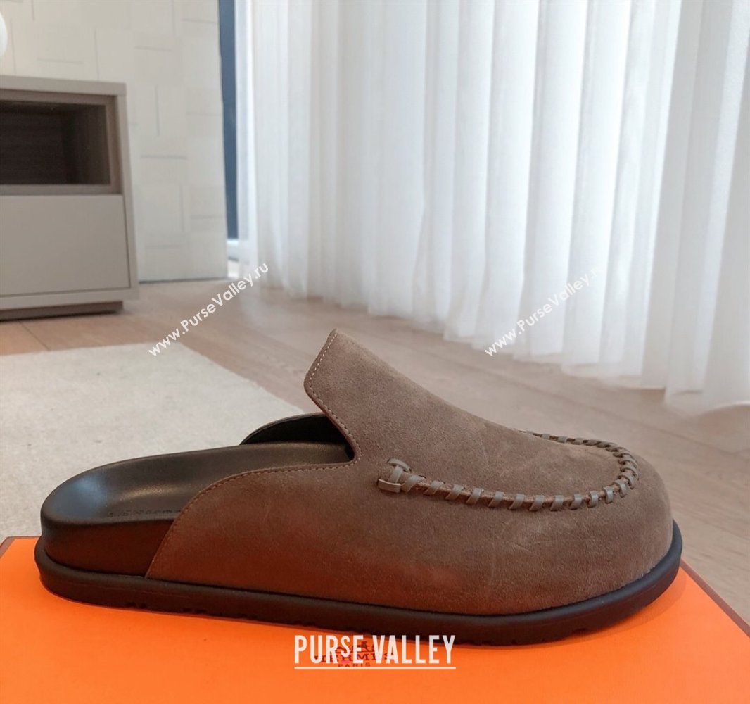 Hermes Johan Flat Mules in Suede Taupe 2025 0418 (XC-250418122)