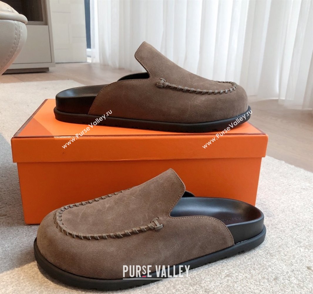Hermes Johan Flat Mules in Suede Taupe 2025 0418 (XC-250418122)