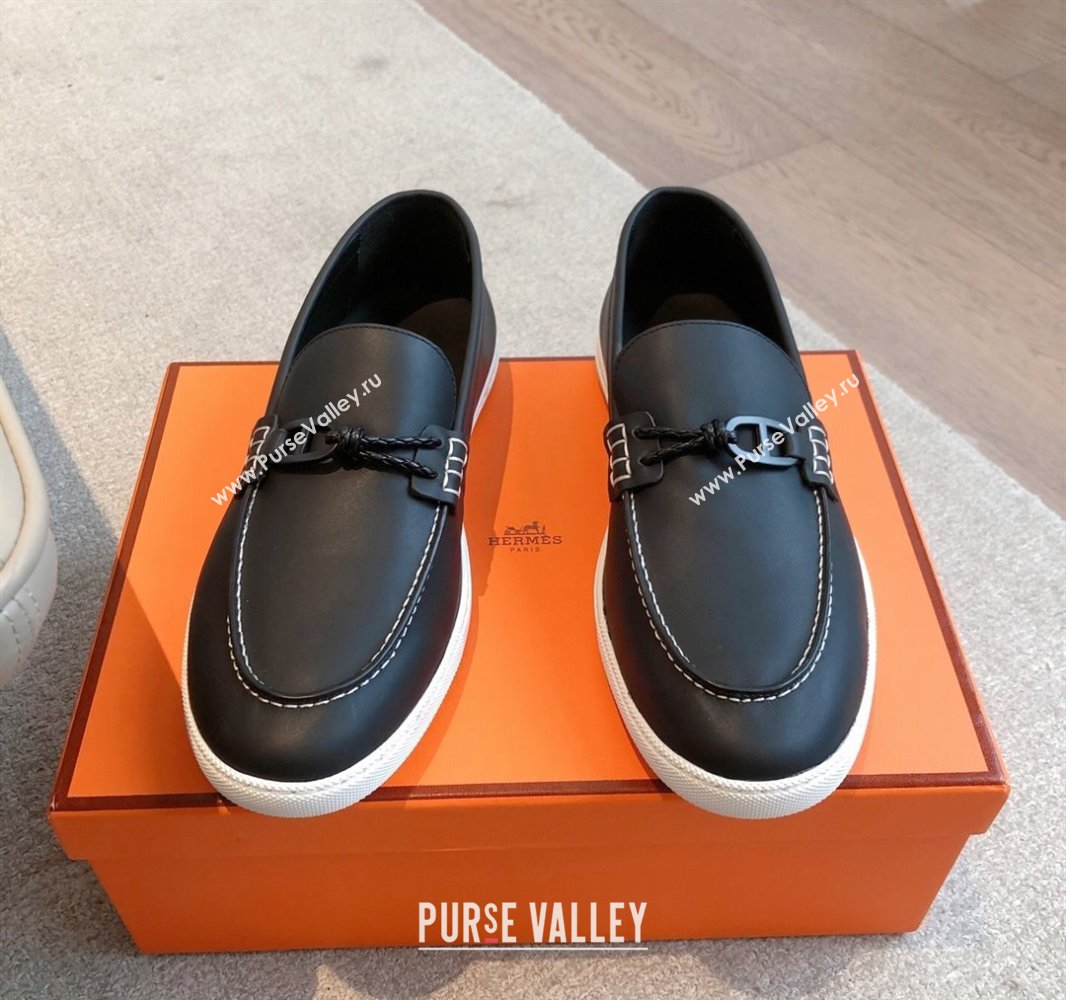 Hermes Ignacio Driving Loafers Flat with Chaine dAncre Buckle in Calfskin Black Upper 2025 0418 (XC-250418123)