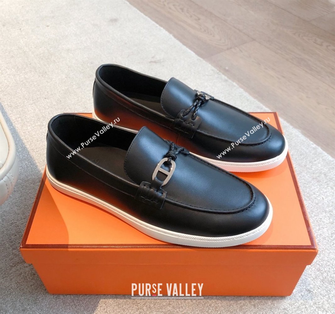 Hermes Ignacio Driving Loafers Flat with Chaine dAncre Buckle in Calfskin Black/Silver 2025 0418 (XC-250418125)