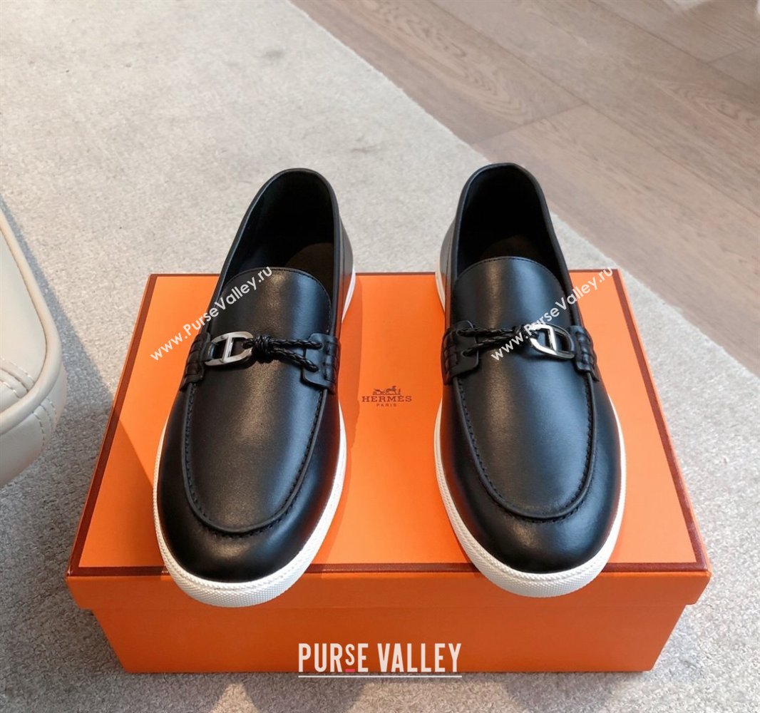 Hermes Ignacio Driving Loafers Flat with Chaine dAncre Buckle in Calfskin Black/Silver 2025 0418 (XC-250418125)