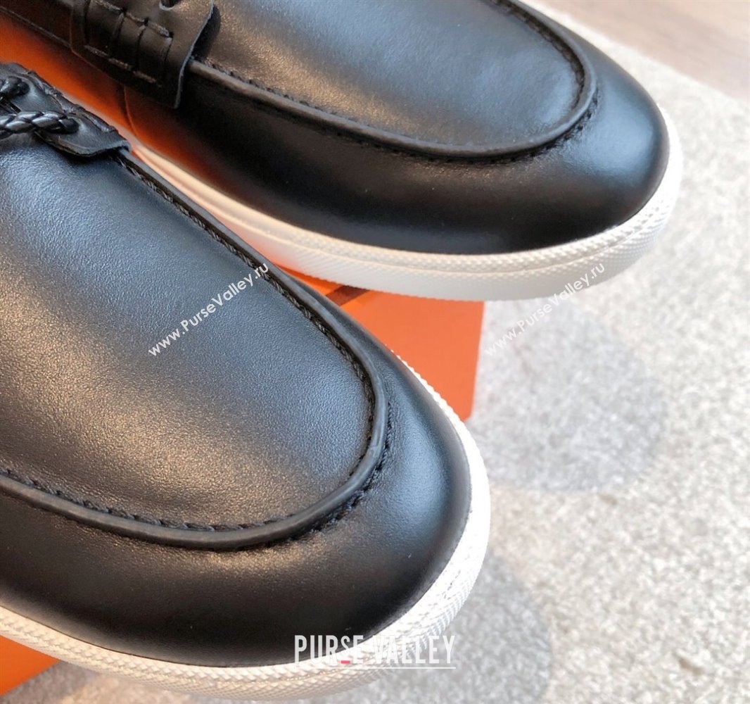 Hermes Ignacio Driving Loafers Flat with Chaine dAncre Buckle in Calfskin Black/Silver 2025 0418 (XC-250418125)