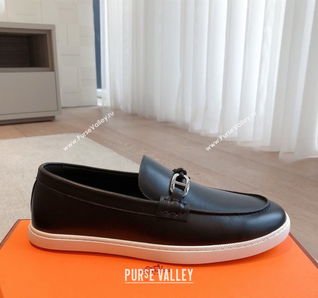 Hermes Ignacio Driving Loafers Flat with Chaine dAncre Buckle in Calfskin Black/Silver 2025 0418 (XC-250418125)