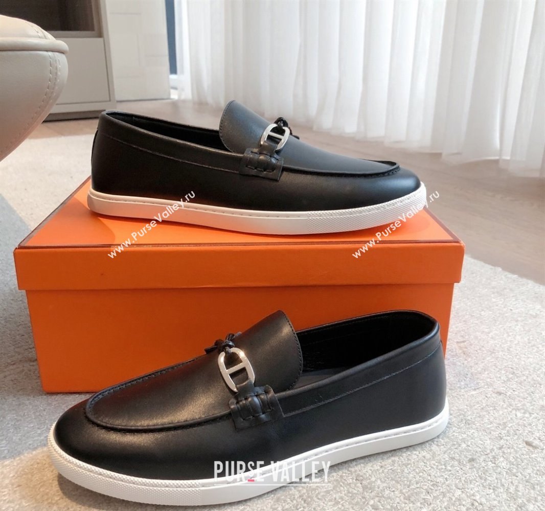 Hermes Ignacio Driving Loafers Flat with Chaine dAncre Buckle in Calfskin Black/Silver 2025 0418 (XC-250418125)