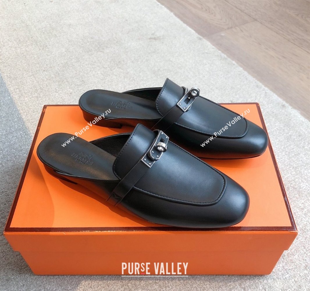 Hermes Oz Flat Mules in Calfskin Leather Black 2025 0419 (XC-250419108)