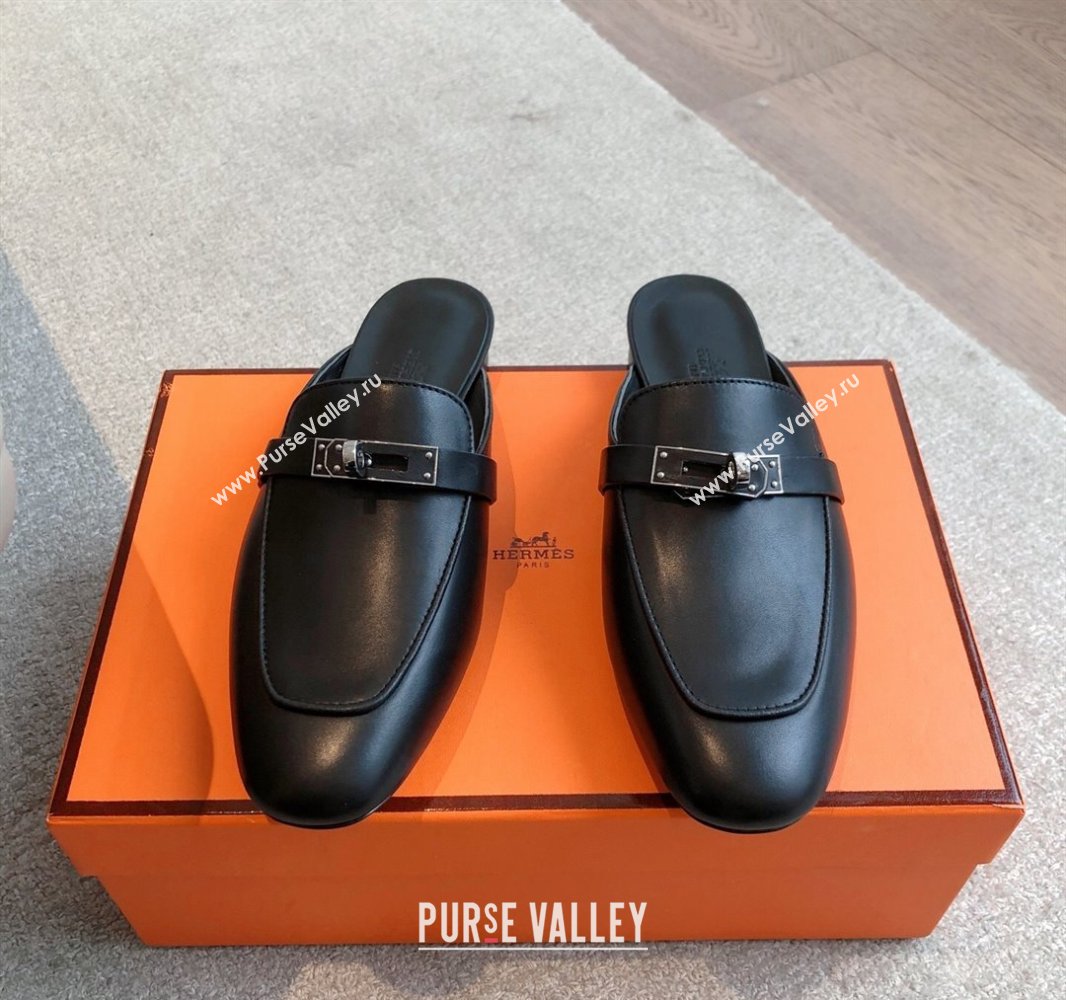 Hermes Oz Flat Mules in Calfskin Leather Black 2025 0419 (XC-250419108)
