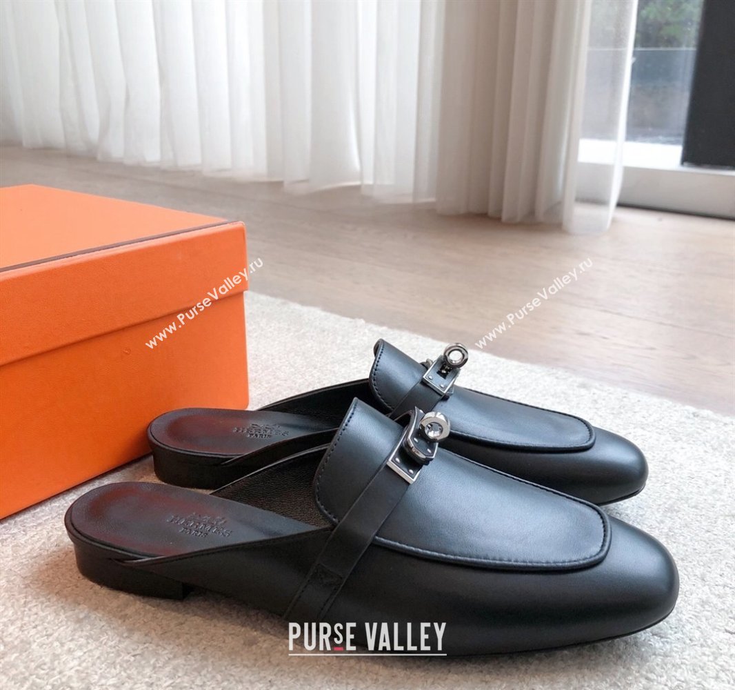 Hermes Oz Flat Mules in Calfskin Leather Black 2025 0419 (XC-250419108)