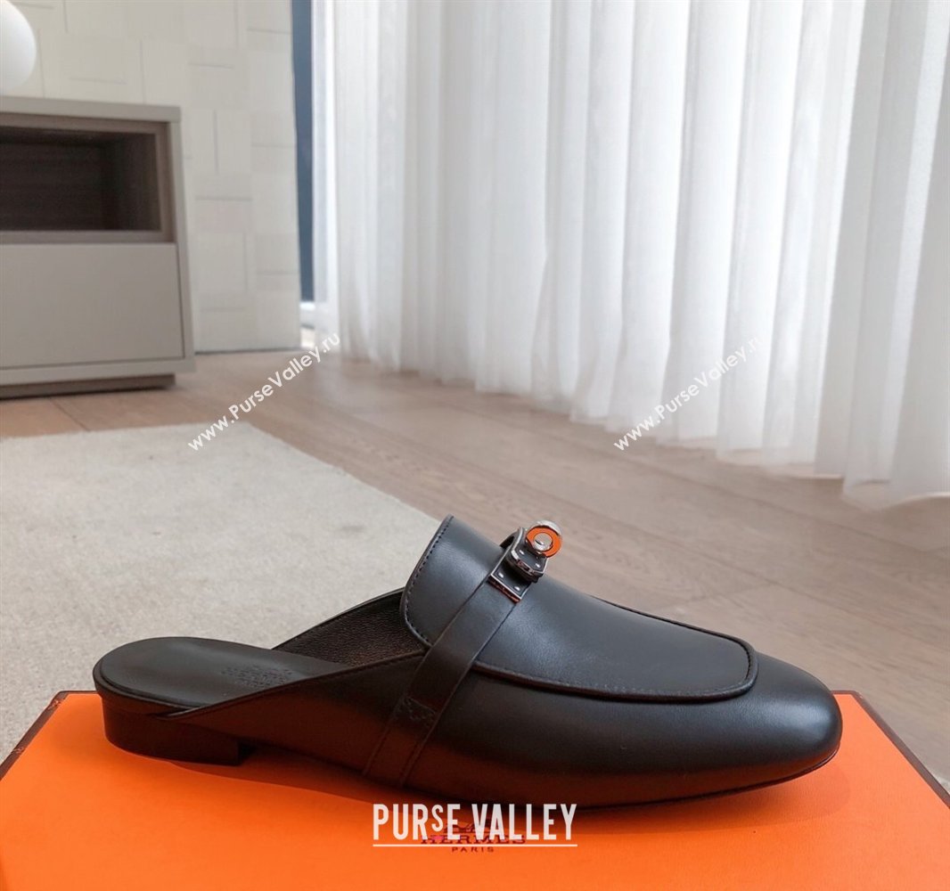 Hermes Oz Flat Mules in Calfskin Leather Black 2025 0419 (XC-250419108)