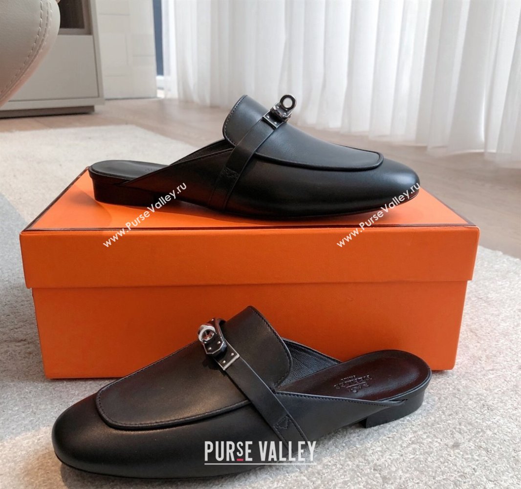 Hermes Oz Flat Mules in Calfskin Leather Black 2025 0419 (XC-250419108)