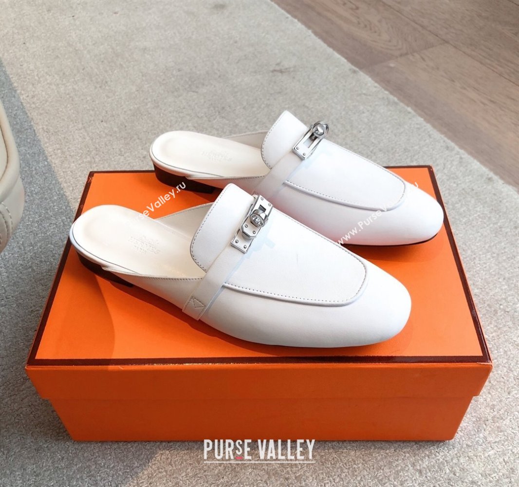 Hermes Oz Flat Mules in Calfskin Leather White 2025 0419 (XC-250419109)