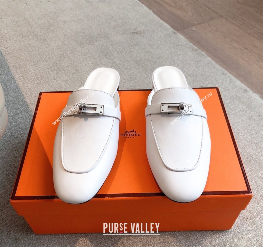 Hermes Oz Flat Mules in Calfskin Leather White 2025 0419 (XC-250419109)