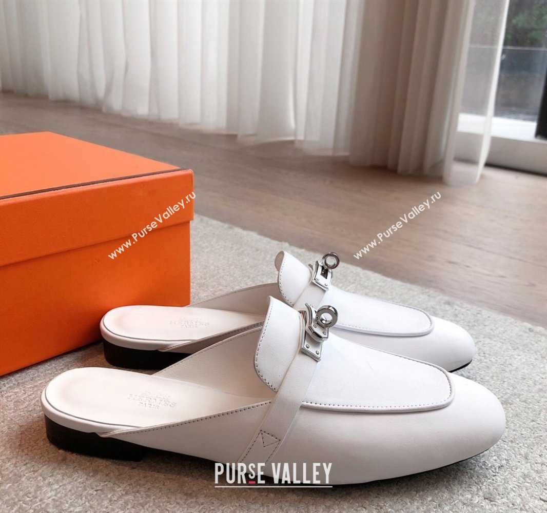 Hermes Oz Flat Mules in Calfskin Leather White 2025 0419 (XC-250419109)