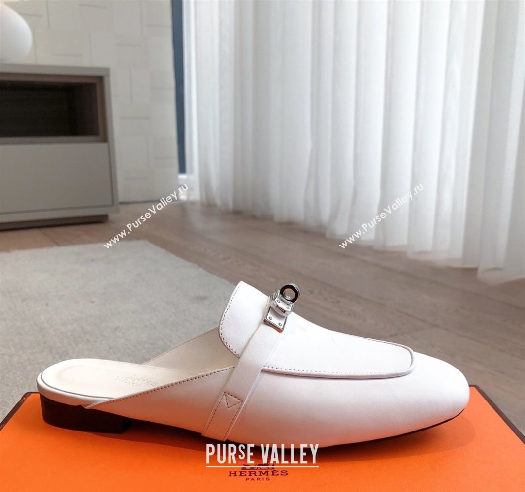 Hermes Oz Flat Mules in Calfskin Leather White 2025 0419 (XC-250419109)