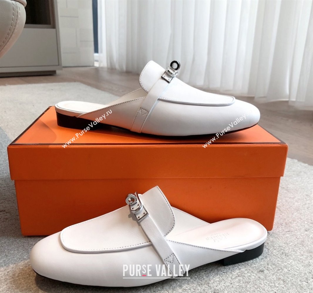 Hermes Oz Flat Mules in Calfskin Leather White 2025 0419 (XC-250419109)
