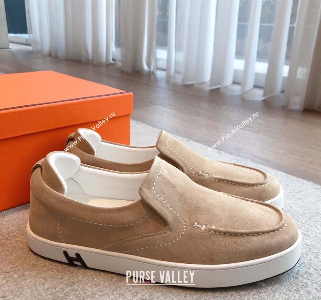 Hermes Kiddy Slip-on Sneakers in Suede Dark Beige 2025 0418 (XC-250418131)