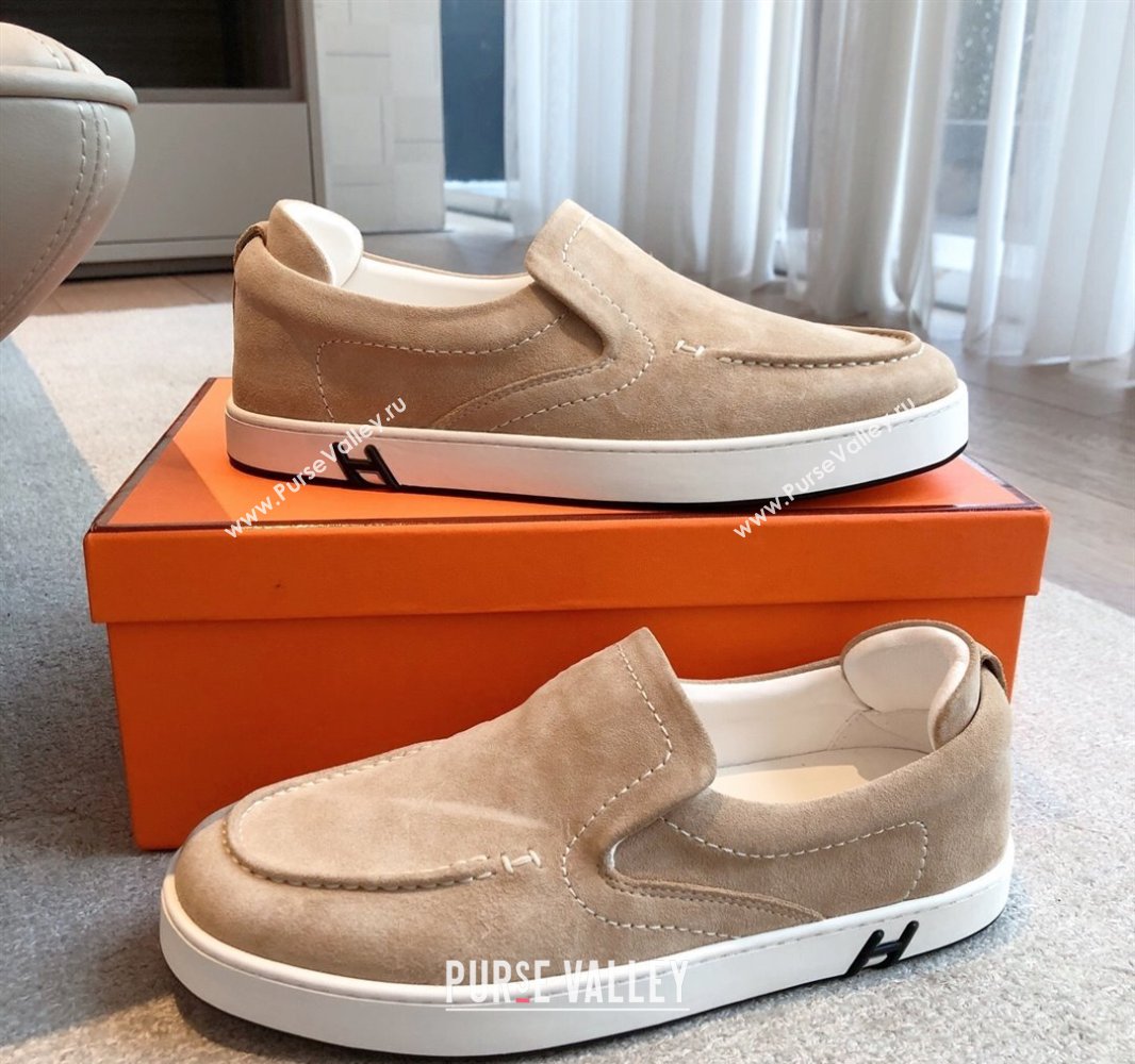 Hermes Kiddy Slip-on Sneakers in Suede Dark Beige 2025 0418 (XC-250418131)