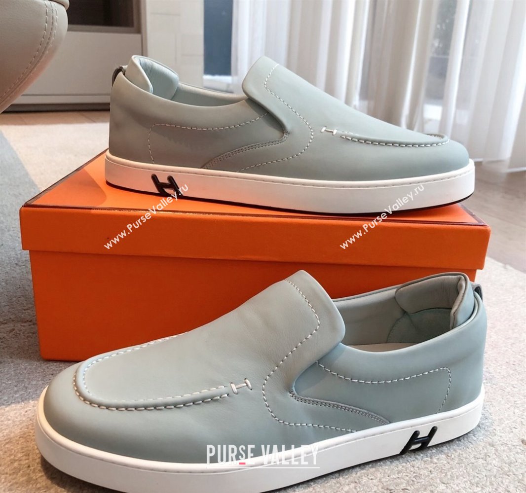 Hermes Kiddy Slip-on Sneakers in Calfskin Leather Dusty Green 2025 0418 (XC-250418136)