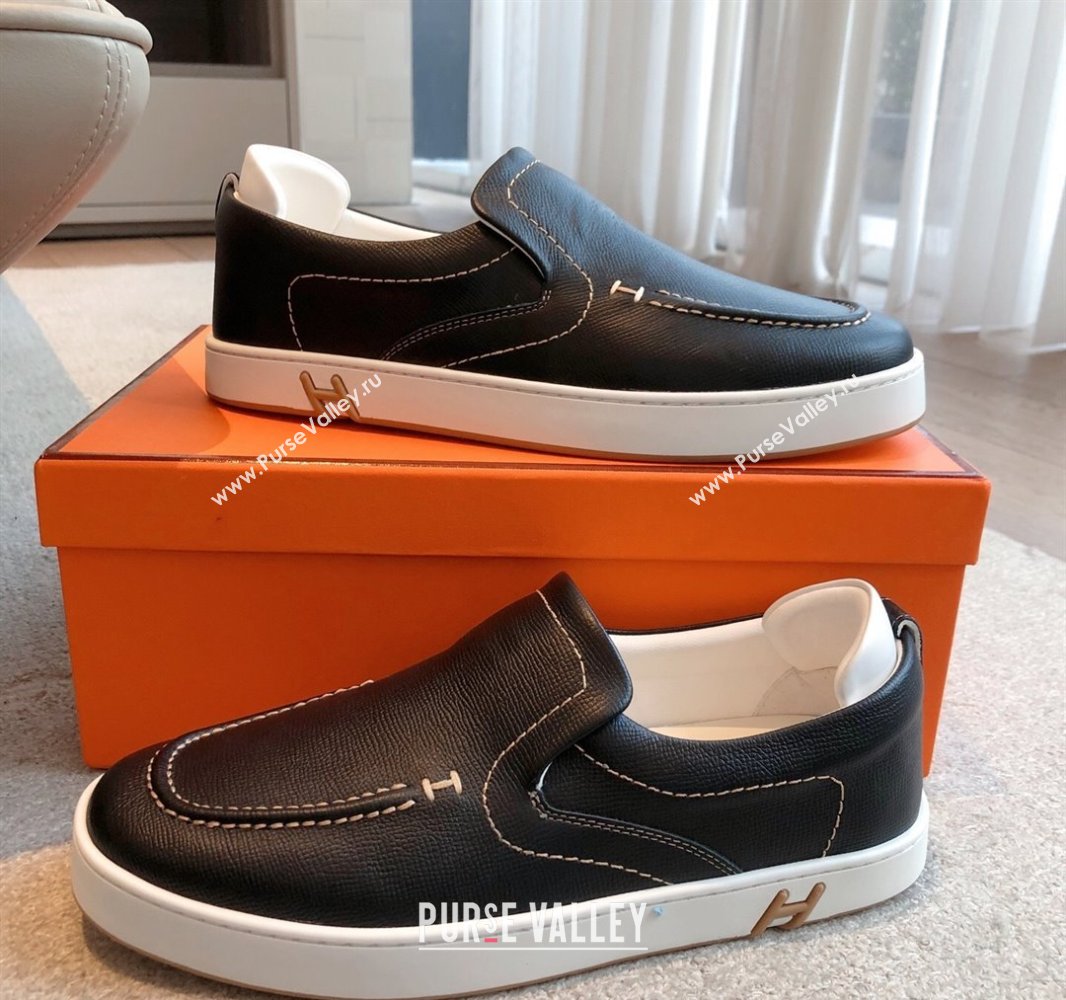 Hermes Kiddy Slip-on Sneakers in Grained Calfskin Black 2025 0418 (XC-250418137)
