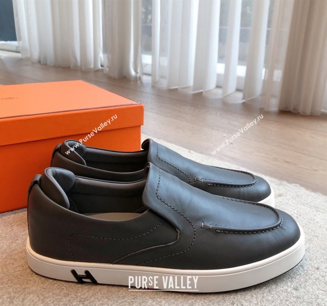 Hermes Kiddy Slip-on Sneakers in Calfskin Leather Dark Grey 2025 0418 (XC-250418140)