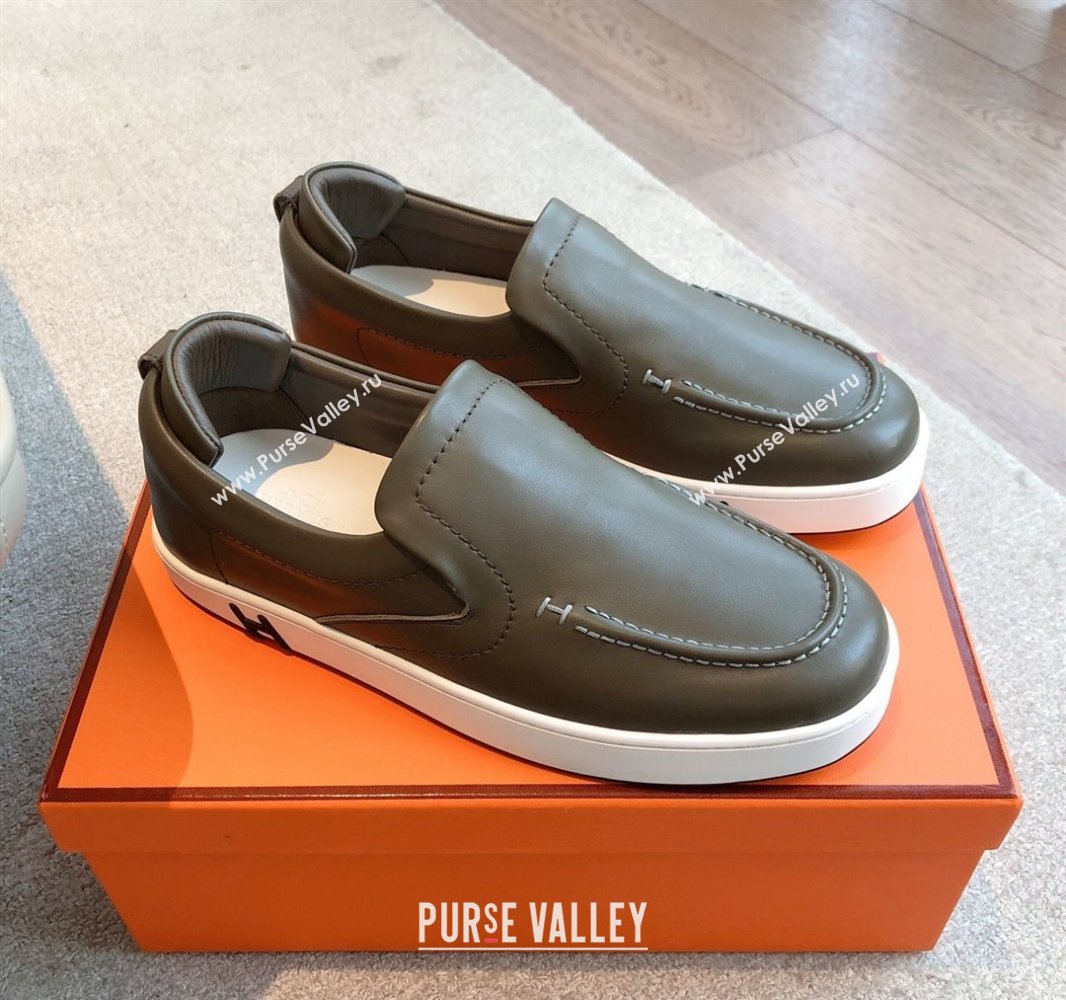 Hermes Kiddy Slip-on Sneakers in Calfskin Leather Dark Green 2025 0418 (XC-250418148)