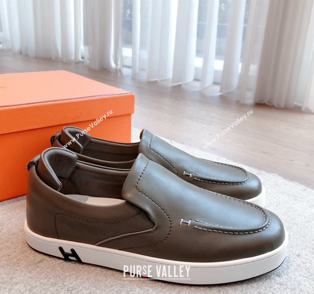 Hermes Kiddy Slip-on Sneakers in Calfskin Leather Dark Green 2025 0418 (XC-250418148)