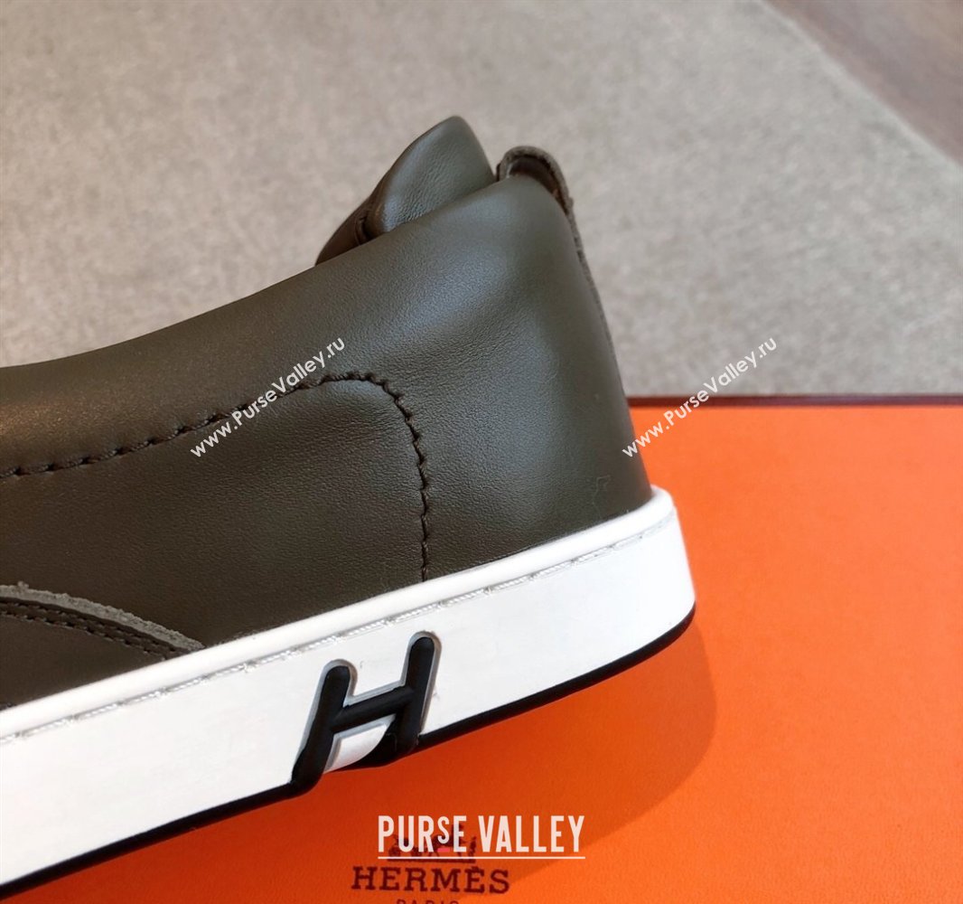 Hermes Kiddy Slip-on Sneakers in Calfskin Leather Dark Green 2025 0418 (XC-250418148)