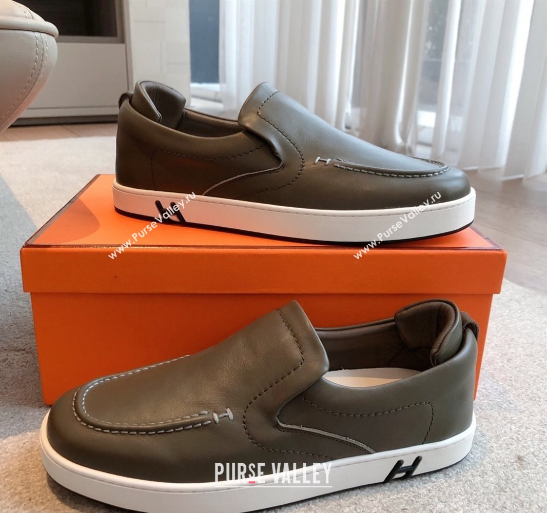 Hermes Kiddy Slip-on Sneakers in Calfskin Leather Dark Green 2025 0418 (XC-250418148)