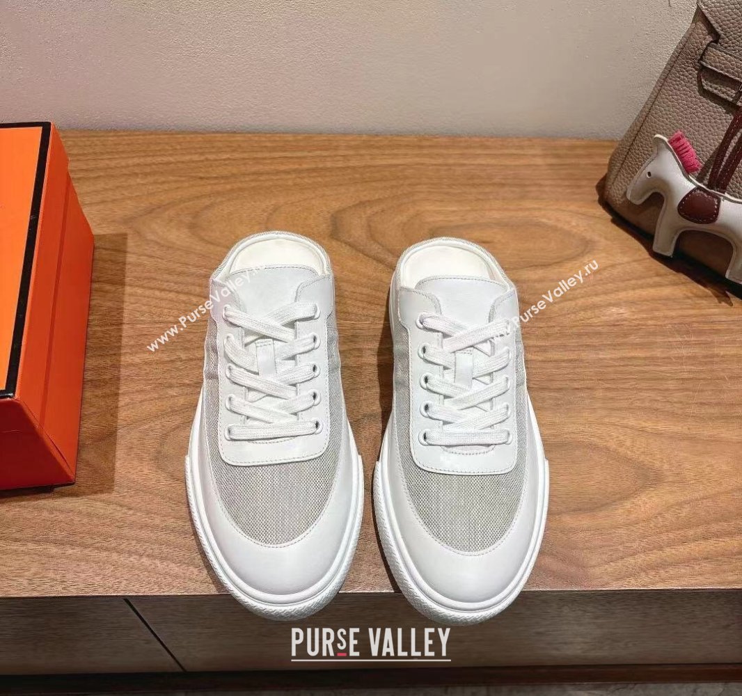 Hermes Keep Sneaker Mules in Calfskin and Canvas White/Grey 2025 0418 (XC-250418103)