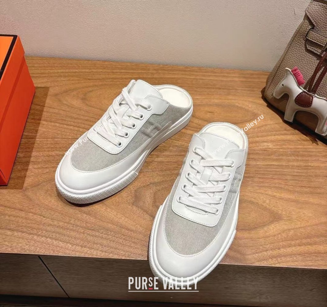 Hermes Keep Sneaker Mules in Calfskin and Canvas White/Grey 2025 0418 (XC-250418103)