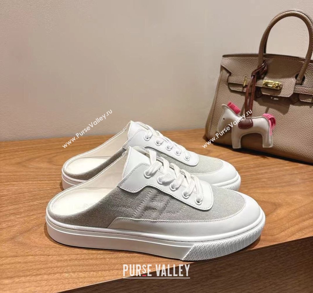 Hermes Keep Sneaker Mules in Calfskin and Canvas White/Grey 2025 0418 (XC-250418103)
