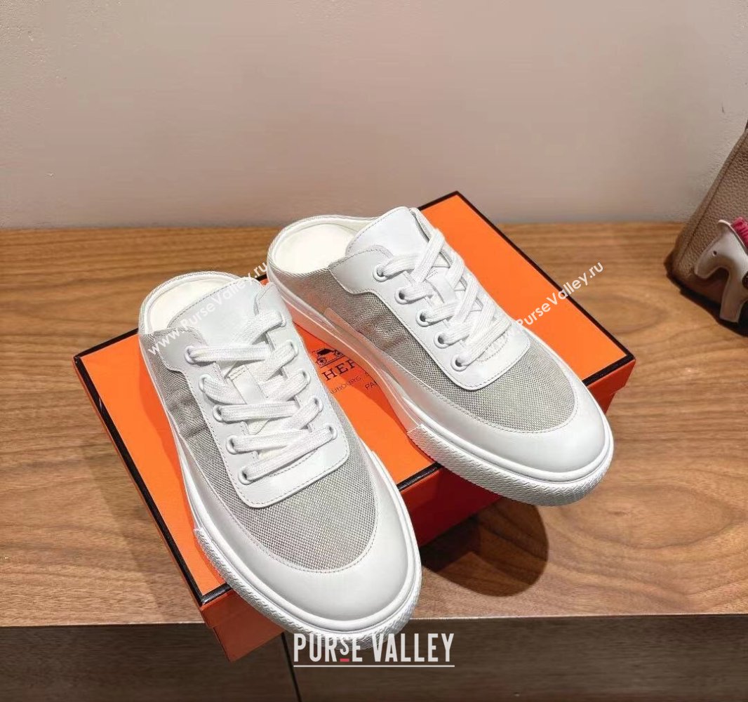 Hermes Keep Sneaker Mules in Calfskin and Canvas White/Grey 2025 0418 (XC-250418103)