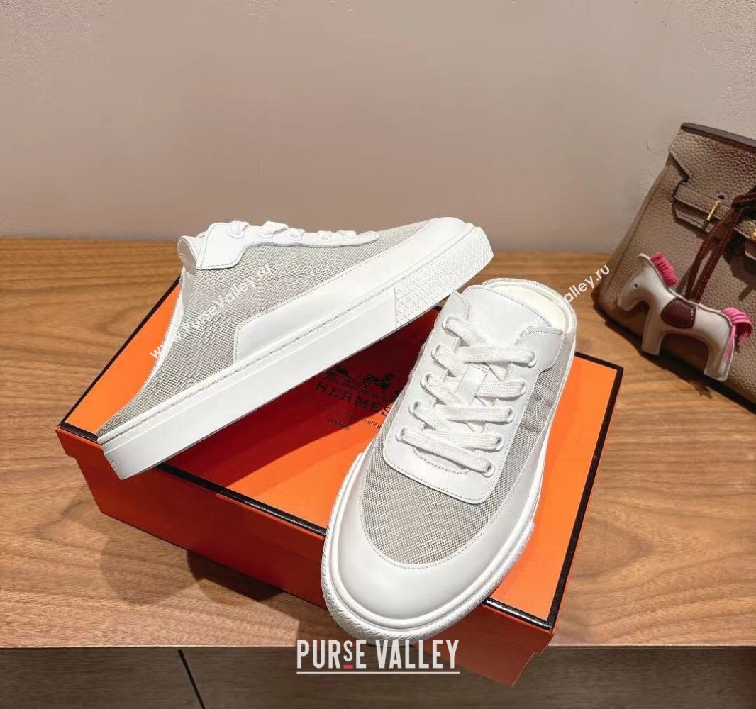Hermes Keep Sneaker Mules in Calfskin and Canvas White/Grey 2025 0418 (XC-250418103)