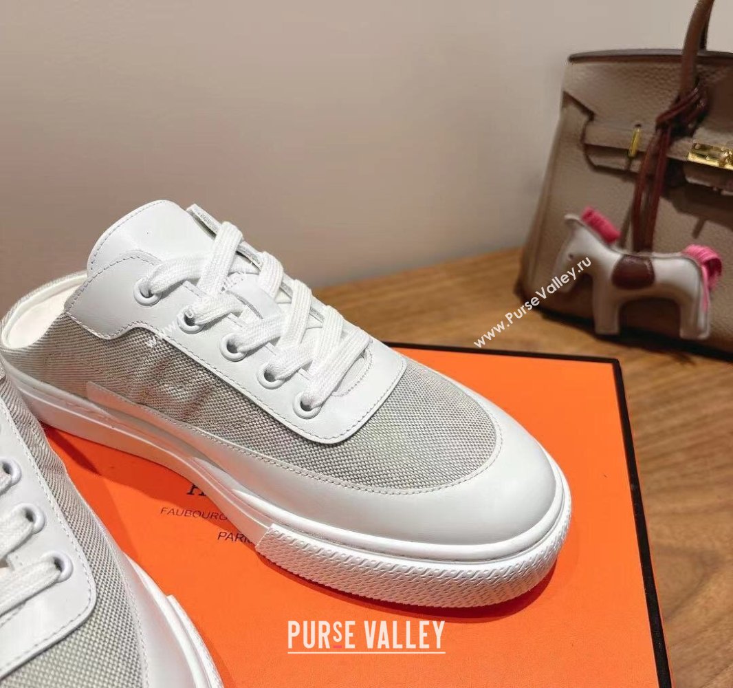 Hermes Keep Sneaker Mules in Calfskin and Canvas White/Grey 2025 0418 (XC-250418103)