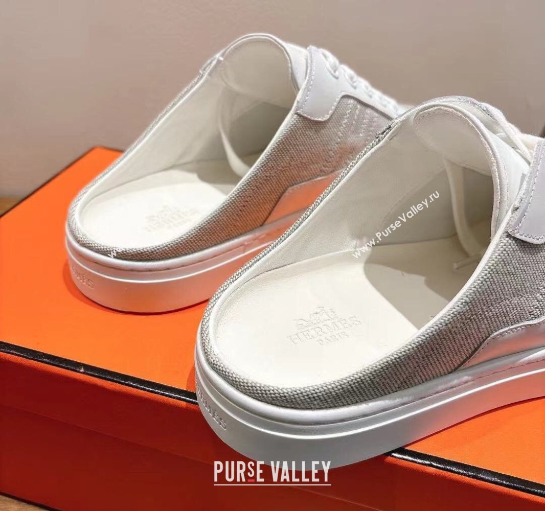 Hermes Keep Sneaker Mules in Calfskin and Canvas White/Grey 2025 0418 (XC-250418103)