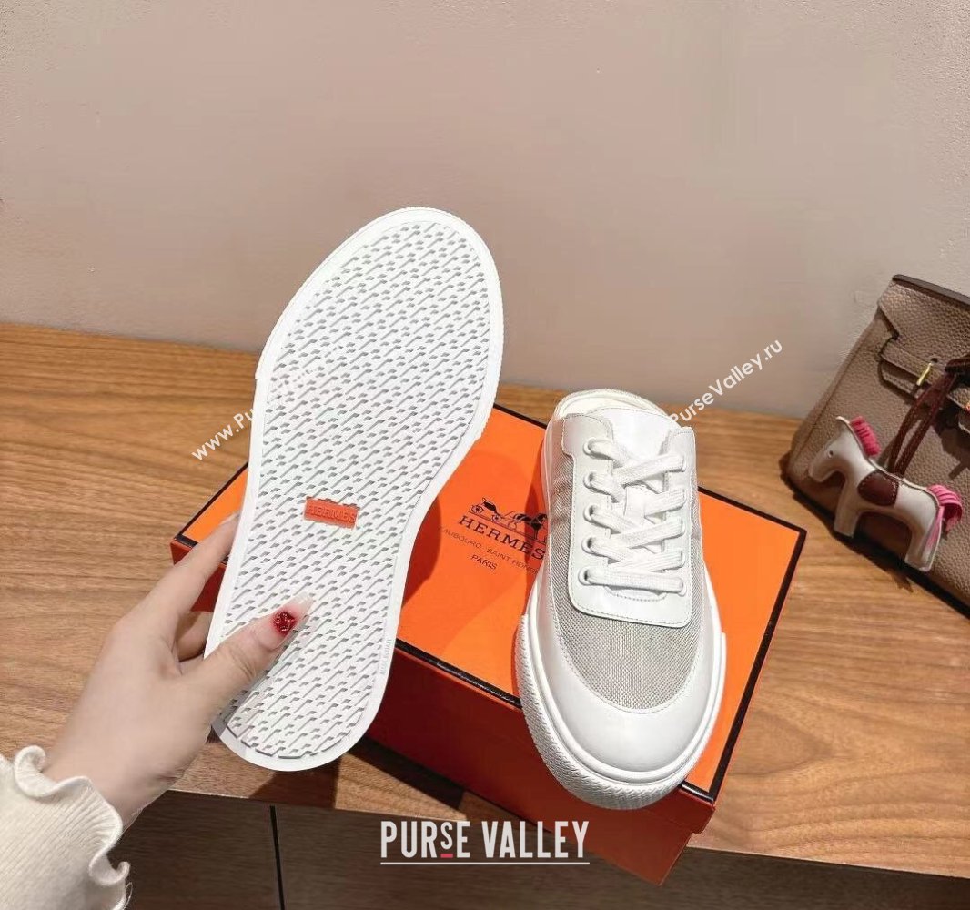 Hermes Keep Sneaker Mules in Calfskin and Canvas White/Grey 2025 0418 (XC-250418103)