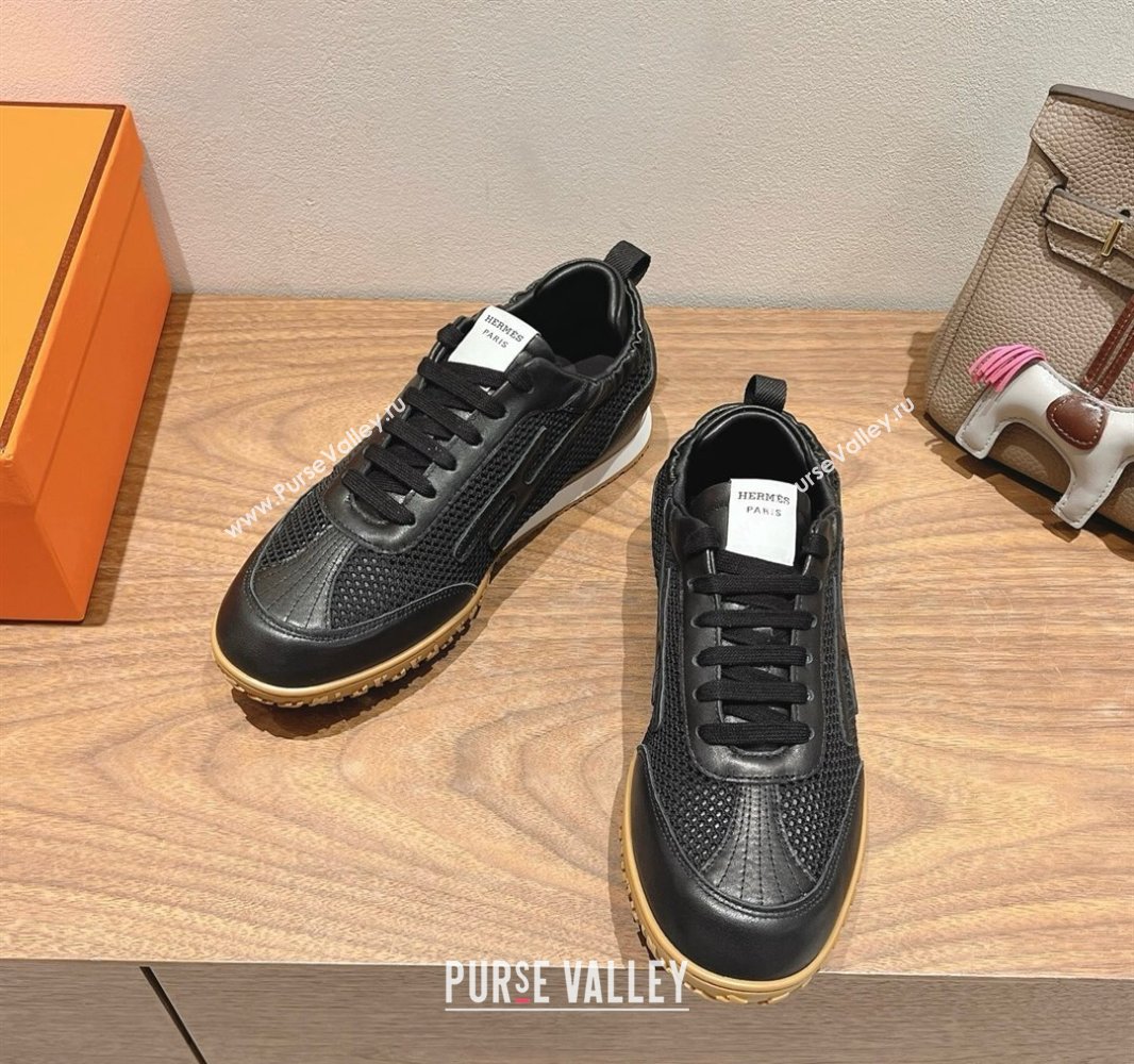 Hermes Jet Sneakers in Crochet Knit Mesh and Calfskin Black 2025 0418 (XC-250418169)