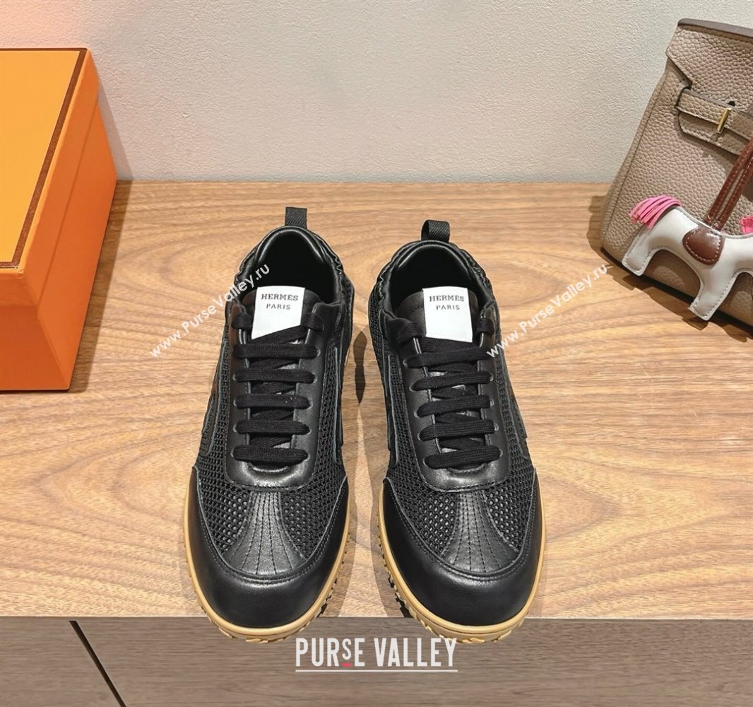 Hermes Jet Sneakers in Crochet Knit Mesh and Calfskin Black 2025 0418 (XC-250418169)